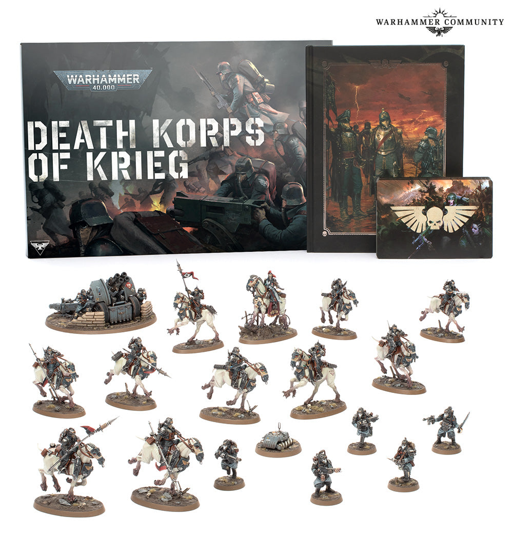 Death Korps of Krieg Army Set (English, 2025), box and included miniatures, codex and cards; official Warhammer Community image
