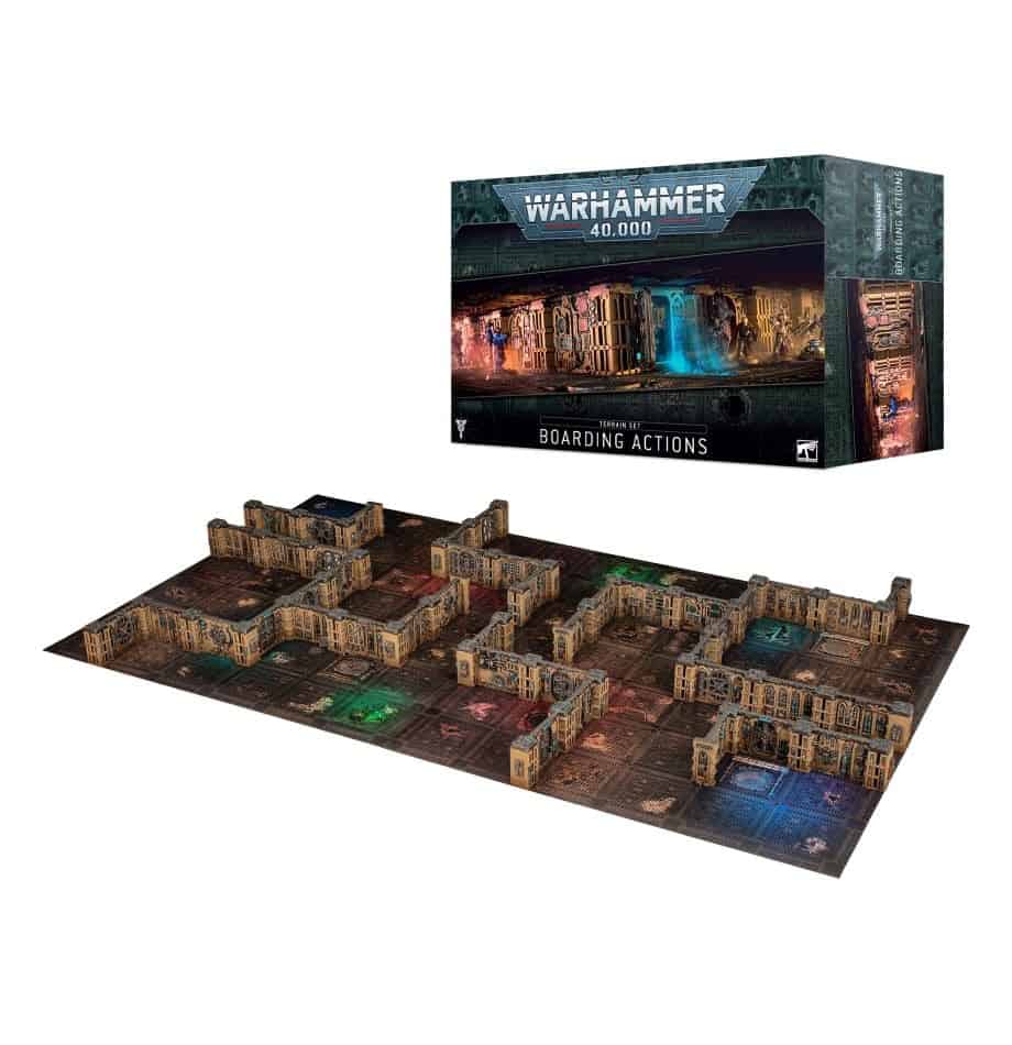 Warhammer 40,000 Boarding Actions Terrain Set, box and assembled modular terrain
