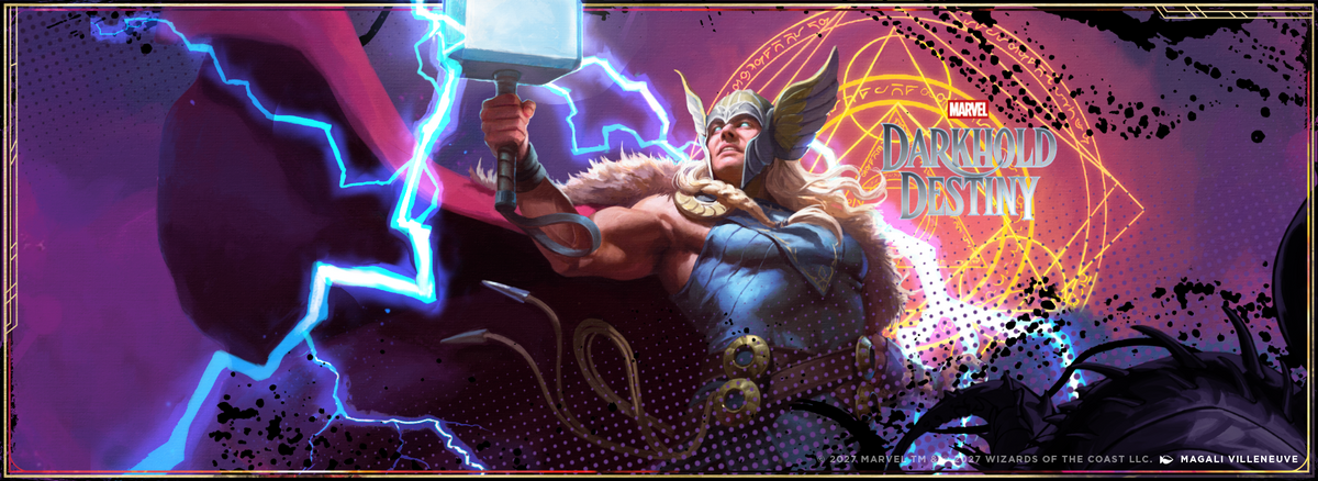 Marvel Darkhold Destiny title beside Thor surrounded by lightning and mystical symbols
