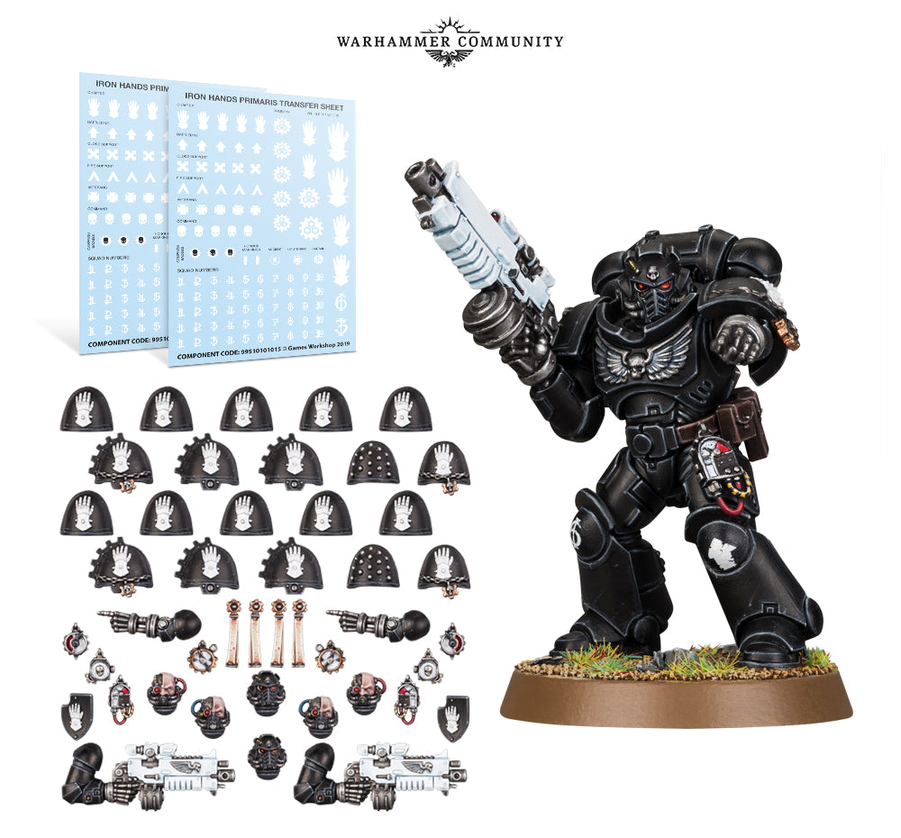 IRON HANDS PRIMARIS UPGRADES & TRANSFERS: upgrade components and transfers; assembled miniature shown as example only