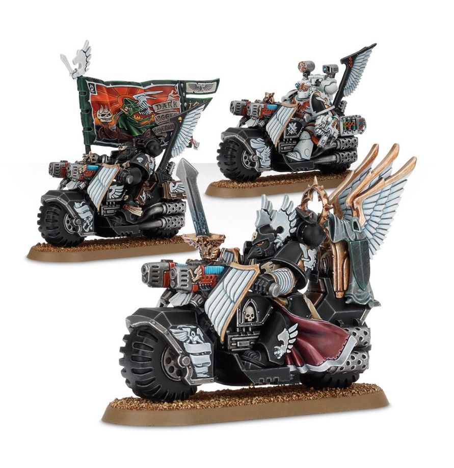Dark Angels Ravenwing Command Squad, three bike-mounted miniatures