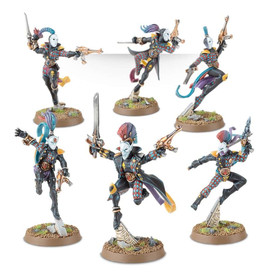 Six Aeldari Harlequin Troupe miniatures, painted examples