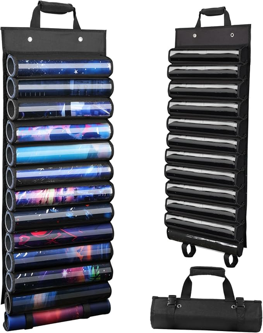 Playmat Holder, Playmat Tube Storage Bag for MTG, Fits 12+1 Card Game Playmats with Transparent Plastic Slots, Portable Organizer Rack for TCG/RPG Mat (Black)