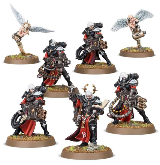 Adepta Sororitas Retributor Squad with five Sisters and two Armorium Cherubs, painted examples