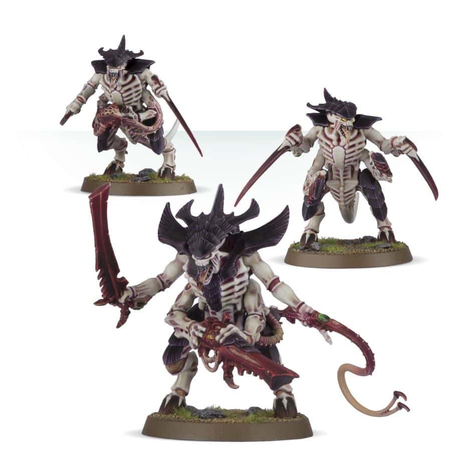 Three Tyranid Warriors including a Tyranid Prime build option, painted examples