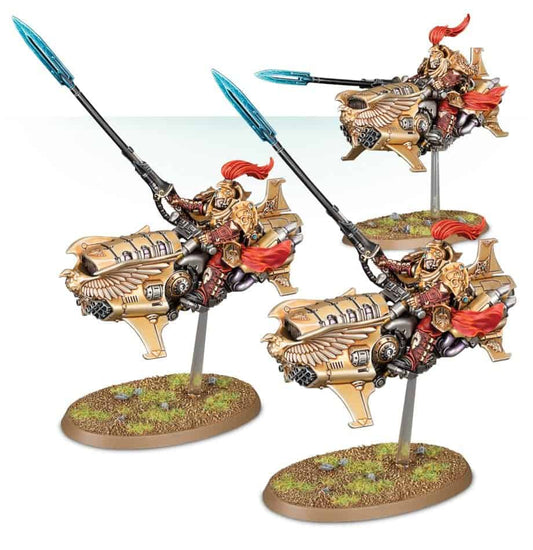 Three Adeptus Custodes Vertus Praetors on Dawneagle jetbikes, painted examples