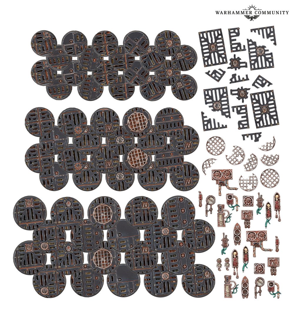 Void War Bases with painted examples of the 60 bases and decorative scenery components