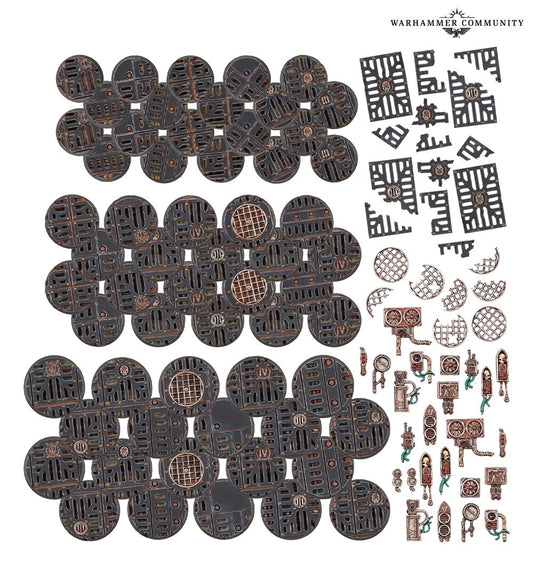 Void War Bases with painted examples of the 60 bases and decorative scenery components