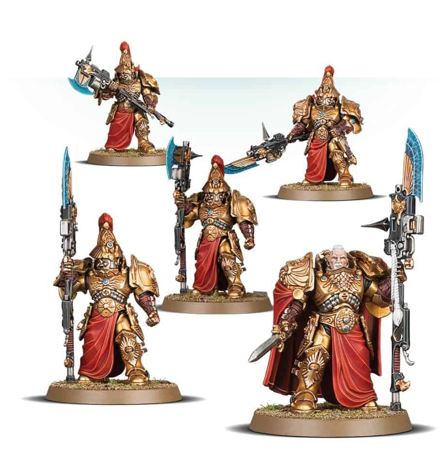 Five Adeptus Custodes Custodian Wardens, including an optional Shield-Captain build, painted examples