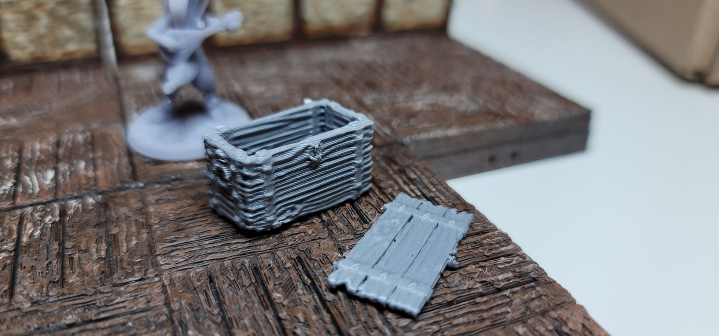 NEW 2023 DESIGN! Medium Wooden Boxes - Open/Closed - 6pk | 3D printed | RPG | Dungeons and Dragons | 28mm | 32mm | Terrain Scatter - CreatorpultGames - Role Playing Miniatures